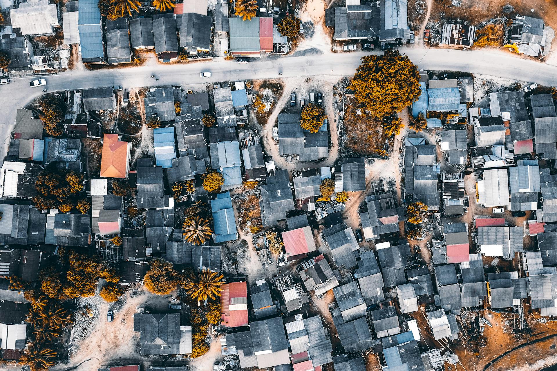 Aerial shot of impoverish community rooftops